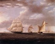 Two British frigates and a yawl passing off a coast